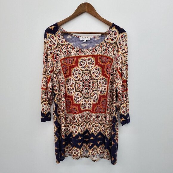 Rose + Olive Womens 3/4 Sleeve Scoop Neck Knit Top Blouse Plus Size 1X Red Blue - Picture 3 of 15